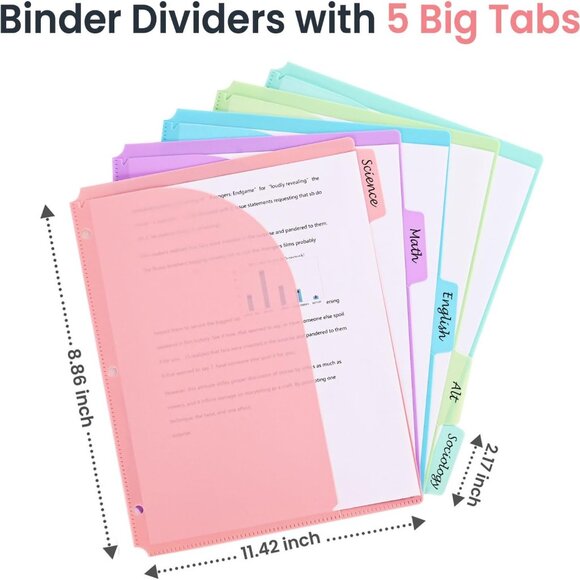 Set of Five 3-Ring Binder Dividers with Tabs, Pockets, Pastel, Durable (NWOT) - Picture 11 of 12